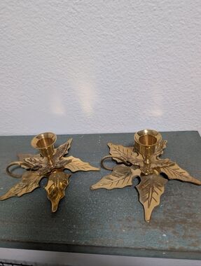 Bombay Company Pair of Vintage Brass Poinsettia Holly Leaf Taper Candle Holders